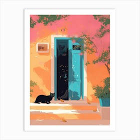 Black Cat Mediterranean Door Pink Wall Art Print