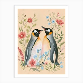 Folksy Floral Animal Drawing Penguin Art Print