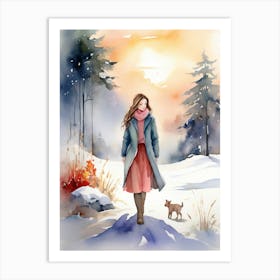 Watercolor Girl In Winter Art Print