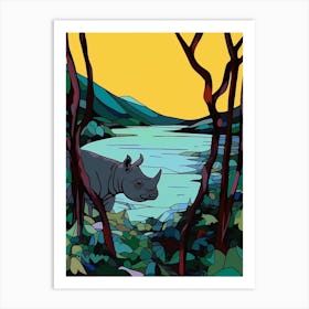 Geometric Rhino Line Illustration By The River 4 Art Print