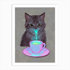 Cat Drinking Tea Art Print