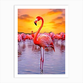 Flamingos At Sunset Art Print