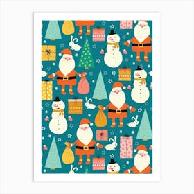 Happy Christmas Forest with Santa, Snowmen, and Rabbits on Teal Blue Art Print