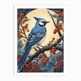 Vintage Bird Linocut Blue Jay 8 Art Print
