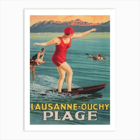 Lausanne-Ouchy Switzerland, Surfer, Paddleboard, Vintage Travel Poster Art Print