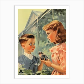 Vintage Retro Kids With Bird Illustration Kitsch 8 Art Print