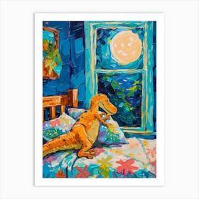 Dinosaur In Bed With Blue Moon Brushstrokes Art Print