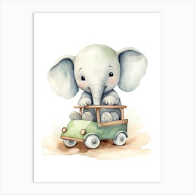 Baby Elephant On Toy Car, Watercolour Nursery 0 Art Print