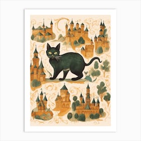 Black Cat In The Style Of A Medieval Map Art Print