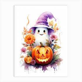 Cute Ghost With Pumpkins Halloween Watercolour 138 Art Print