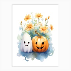 Cute Ghost With Pumpkins Halloween Watercolour 147 Art Print