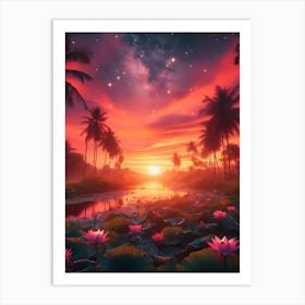 Sunset With Lotus Lilies Art Print