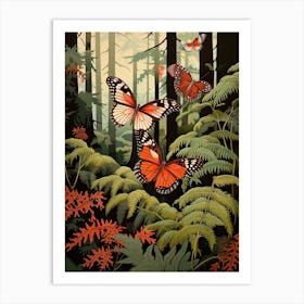 Butterflies In The Woodland Japanese Style Painting 4 Art Print