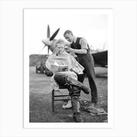 Spitfire Pilot Having His Hair Cut, Vintage Black and White Old Photo Art Print