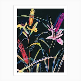 Neon Flowers On Black Fountain Grass 2 Art Print