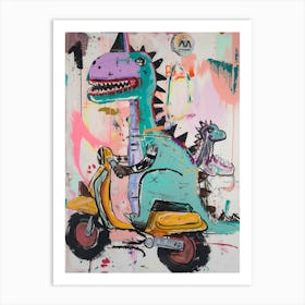 Dinosaur & Baby Dinosaur On A Motorbike Art Print