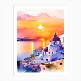 Santorini Greece Water Colour Sunset 4 Art Print