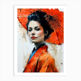 Asian Woman With Umbrella painting Art Print