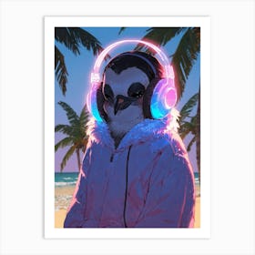 Penguin With Headphones 1 Art Print