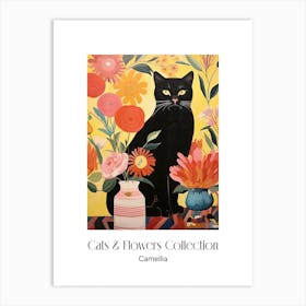 Cats & Flowers Collection Camellia Flower Vase And A Cat, A Painting In The Style Of Matisse 1 Art Print