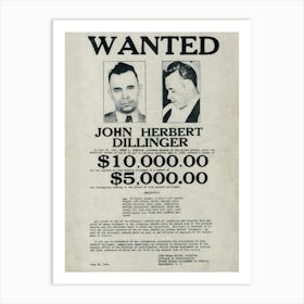 Gangster John Dillinger 1937 FBI Wanted Poster Art Print