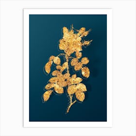 Vintage Four Seasons Rose in Bloom Botanical in Gold on Teal Blue Art Print