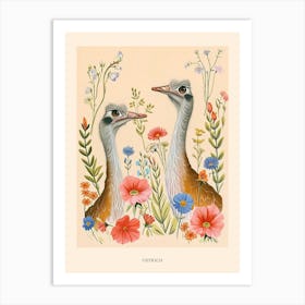 Folksy Floral Animal Drawing Ostrich Poster Art Print