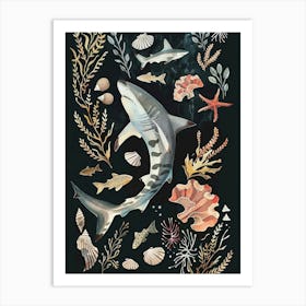 White Tip Reef Shark Seascape Black Background Illustration 3 Art Print