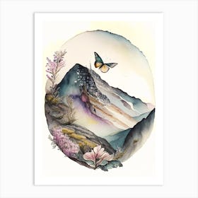Apollo Butterfly In Mountain Landscape Watercolour Ink 1 Art Print