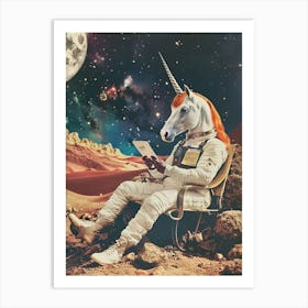 Unicorn In Space On A Tablet Abstract Collage Art Print