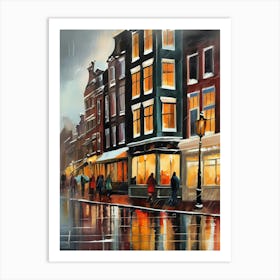 Amsterdam cafes, winter season, winter oil colors, pedestrians in the street, winter clothes, rain falling, Amsterdam print, Netherlands print, travel gift, Netherlands poster.22 1 Art Print