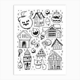 Halloween Black And White Line Art Art Print