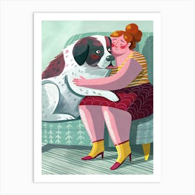 Big Dog Hugging Redhead Woman on A Couch Art Print