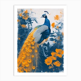 Floral Orange & Blue Peacock 3 Art Print