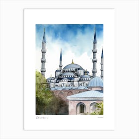 Blue Mosque, Istanbul 4 Watercolour Travel Poster Art Print