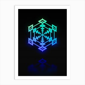 Neon Blue and Green Abstract Geometric Glyph on Black n.0091 Art Print