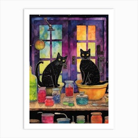 Colourful Cats In The Alchemy With Potions 2 Art Print