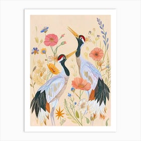 Folksy Floral Animal Drawing Crane Art Print