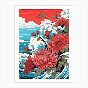 Great Wave With Aster Flower Drawing In The Style Of Ukiyo E 2 Art Print