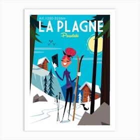 La Plagne Ski Poster Blue & White Art Print