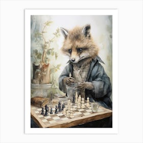 Fox Art Playing Chess Watercolour 1 Art Print