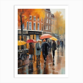 Amsterdam cafes, autumn season, rain, autumn oil colours.Faded colours,People passing on the street, winter clothes, rain umbrellas.10 1 Art Print