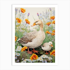 Duck & Duckling In The Flowers Japanese Woodblock Style 7 Art Print