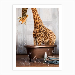 Giraffe In The Tub Art Print