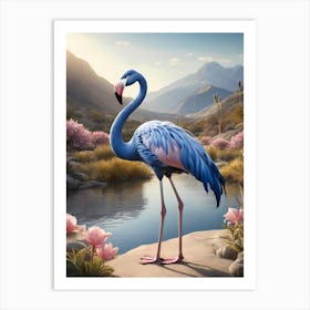Floral Blue Flamingo Painting (1) Art Print