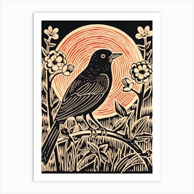 Vintage Bird Linocut Cowbird 1 Art Print