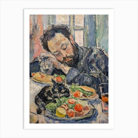 Portrait Of A Man With Cats Eating A Burrito Art Print