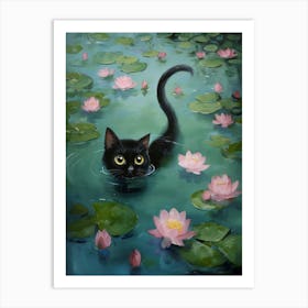 Whimsical Cat Surrounded By Lotus Flowers In Pond Art Print