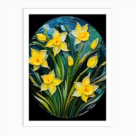 Daffodils Twist Stems Pointed Leaves Yellow Strokes Green 7 Art Print