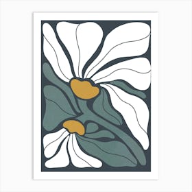 Bold Retro Boho Duo Deco Floral in full bloom 2 Green Ochre Dark Grey Art Print